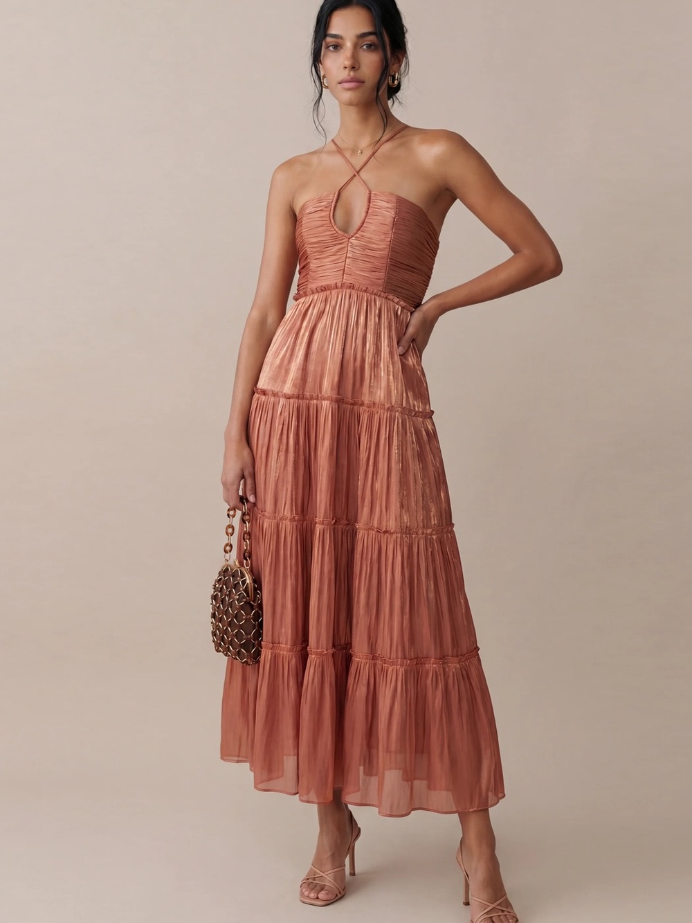 Ruched Tiered Halter Maxi Dress - Rust